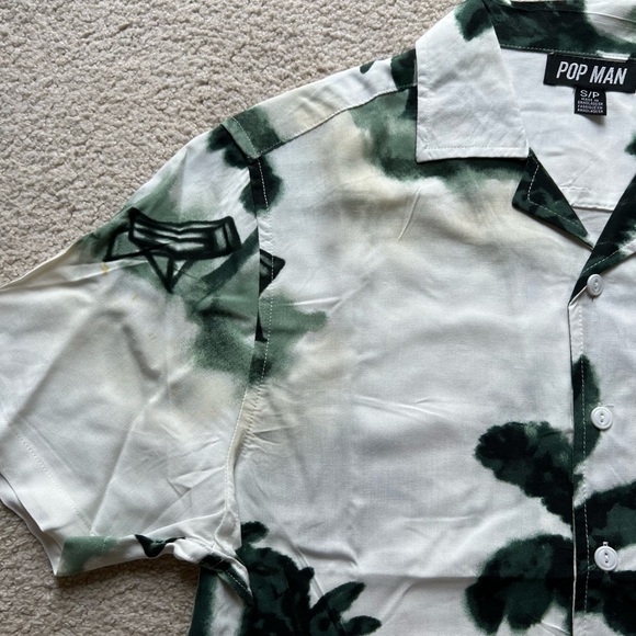 Pop Man Men's Short Sleeve Button Up Shirt Palm Tree Beach Print Green White S - Picture 7 of 13